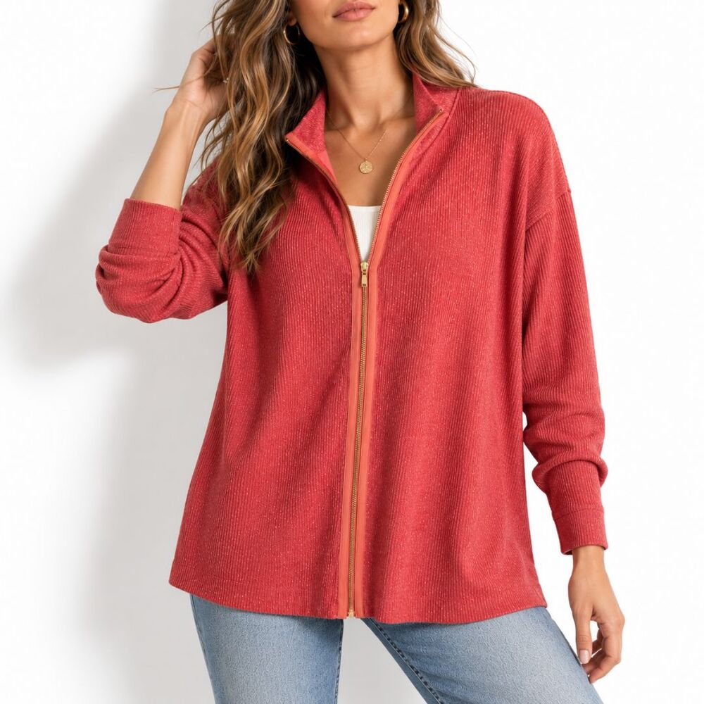 Soft Surroundings Cardigan Womens Large Coral Ribbed Knit Zip Sweater Jacket